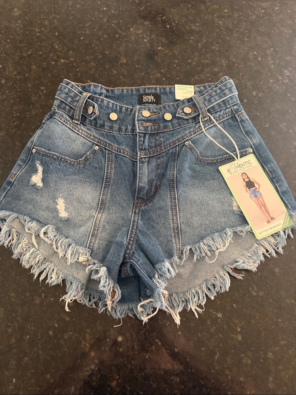 High-Rise Distressed Denim Shorts by Simple Society - Blue